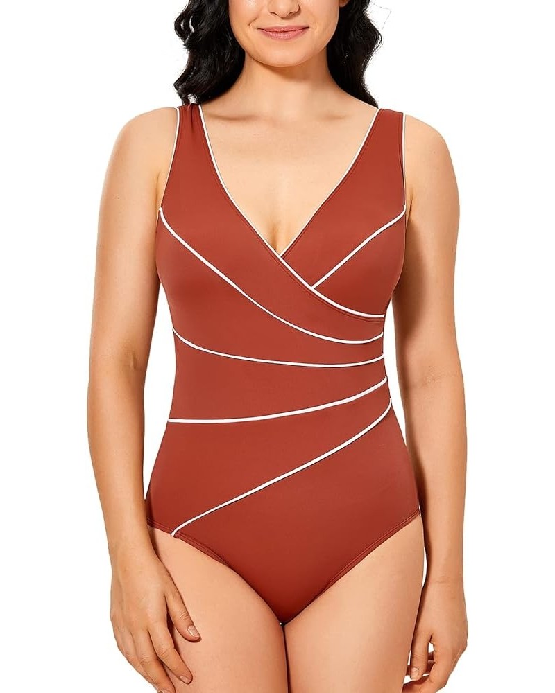 Women's Slimming Swimwear One Piece Piped Swimsuit Plus Size Bathing Suit Chinese Red $18.06 Swimsuits