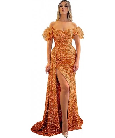 Feather Sequin Prom Dresses Off Shoulder Mermaid Wedding Guest Dress Long Formal Evening Party Gowns with Slit Orange $42.30 ...