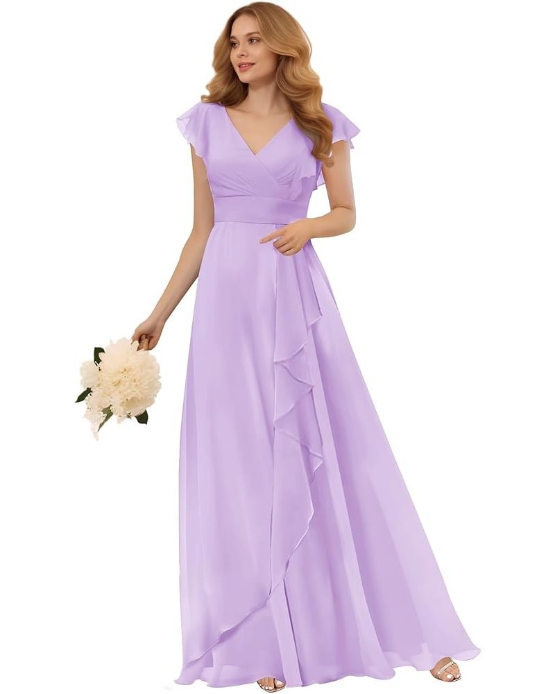 Chiffon Bridesmaid Dresses for Wedding with Sleeves Empire Waist Ruffle Long Formal Dress for Women Lilac $21.00 Dresses