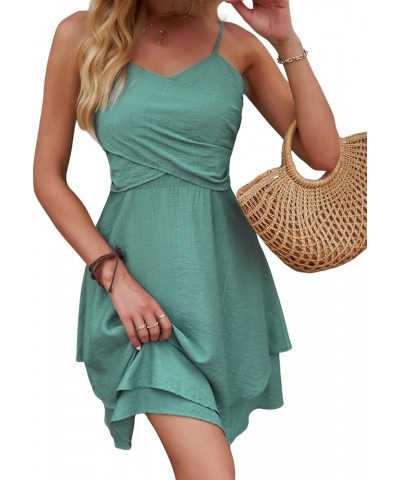 Women Wrap Ruffled Hem Mini Dress Adjustable Cami Straps A-line Zipper Dresses Lake Green $15.84 Dresses