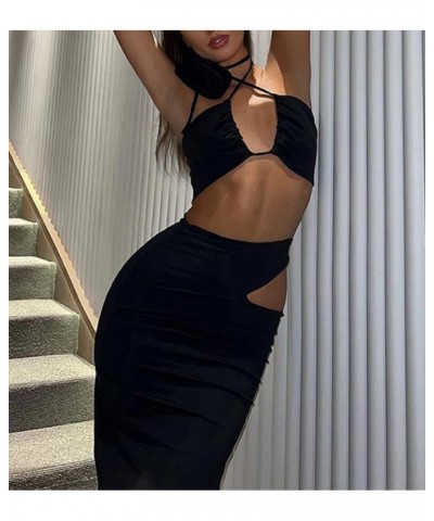 Women 2 Piece Skirts Set Hollow Out Cardigan Long Sleeve Crop Top Bodycon Maxi Long Skirts Streetwear A2-black $20.29 Suits