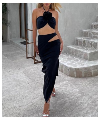 Women 2 Piece Skirts Set Hollow Out Cardigan Long Sleeve Crop Top Bodycon Maxi Long Skirts Streetwear A2-black $20.29 Suits