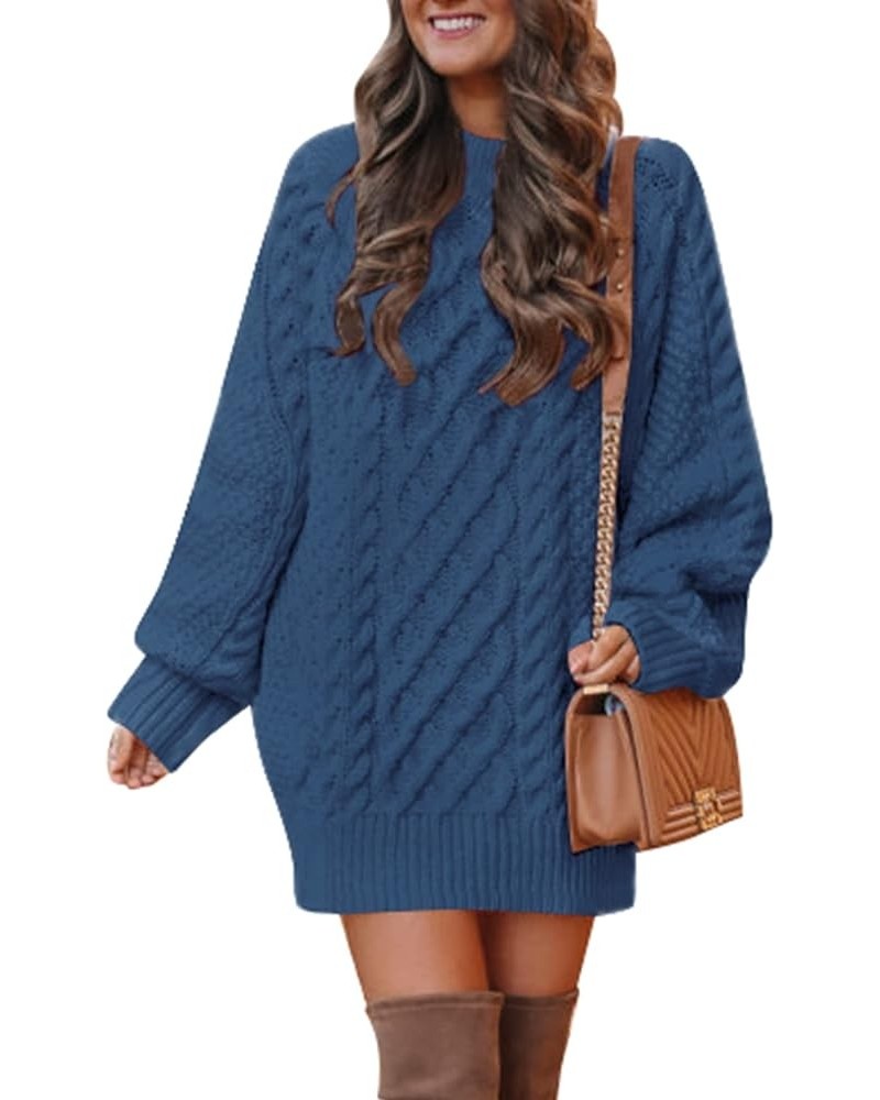 Women's Crewneck Long Sleeve Cable Knit Sweater Dress Slouchy Oversized Chunky Pullover Dresses Demin Blue $14.00 Sweaters