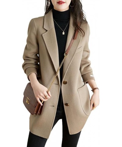 Women's Elegant Notched Collar Coat Single Breasted Formal Office Wool Blend Overcoat with Belt Khaki $28.28 Coats