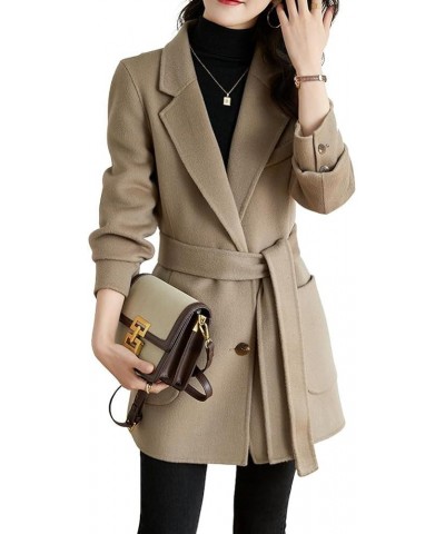 Women's Elegant Notched Collar Coat Single Breasted Formal Office Wool Blend Overcoat with Belt Khaki $28.28 Coats