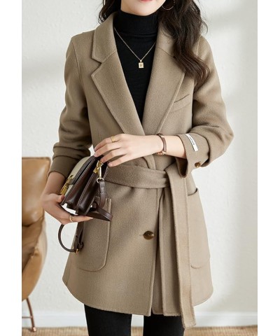 Women's Elegant Notched Collar Coat Single Breasted Formal Office Wool Blend Overcoat with Belt Khaki $28.28 Coats