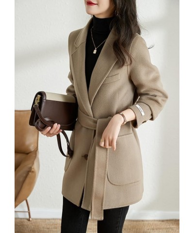 Women's Elegant Notched Collar Coat Single Breasted Formal Office Wool Blend Overcoat with Belt Khaki $28.28 Coats