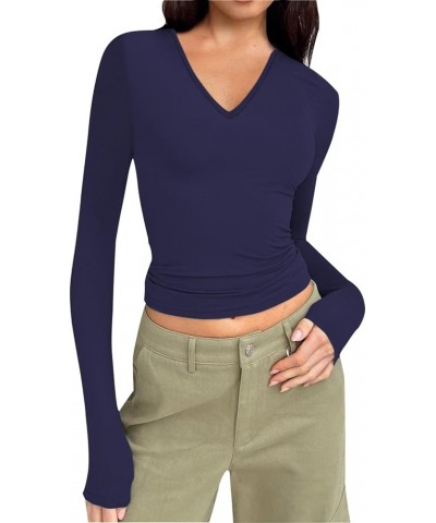 Women's Long Sleeves T-Shirt Stretch Slim Fitted Short Layer Tops Comfy Lightweight Sexy V-Neck Winter Undershirts Dark Blue ...