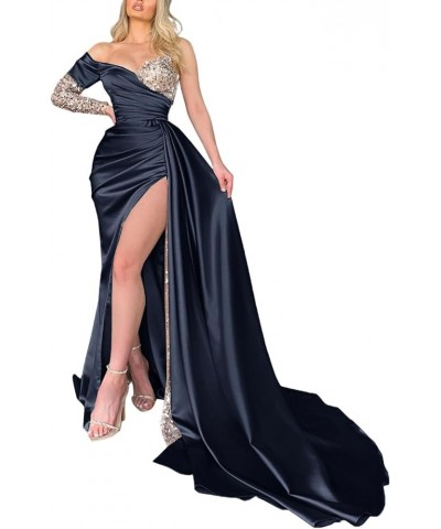 Mermaid Prom Dresses with Slit Long 2024 Ruched Sparkly Formal Evening Gown with Sleeves Navy Blue $33.60 Dresses