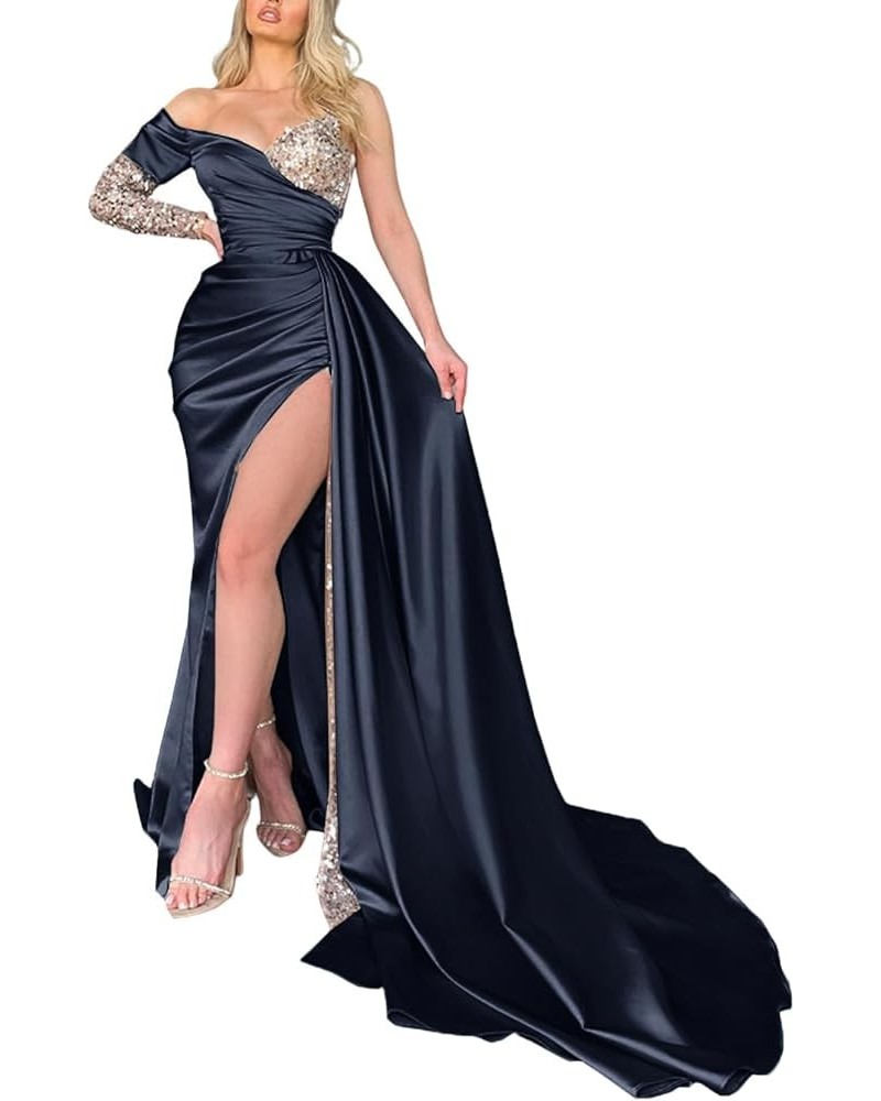 Mermaid Prom Dresses with Slit Long 2024 Ruched Sparkly Formal Evening Gown with Sleeves Navy Blue $33.60 Dresses