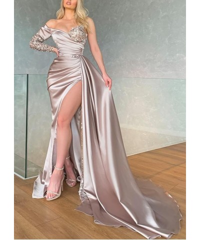 Mermaid Prom Dresses with Slit Long 2024 Ruched Sparkly Formal Evening Gown with Sleeves Navy Blue $33.60 Dresses