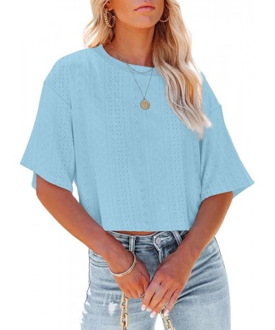 Womens Casual Eyelet Cropped T Shirts Summer Half Sleeve Crop Tops Solid Color Round Neck Crop Tees 08-sky Blue $10.39 Tops