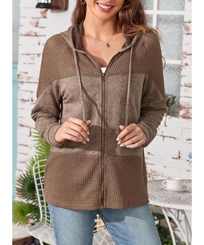 Women's Waffle Knitted Hoodies Drawstring Hooded Full Zip Up Sweatshirts Fashion Trendy Long Sleeve Tops Outwear Brown $11.38...