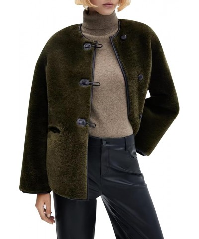 Women Faux Shearling Coat Round Neck Oversized Faux Fur Fleece Winter Jacket Faux Leather Lined Coats with Toggle Green $23.7...