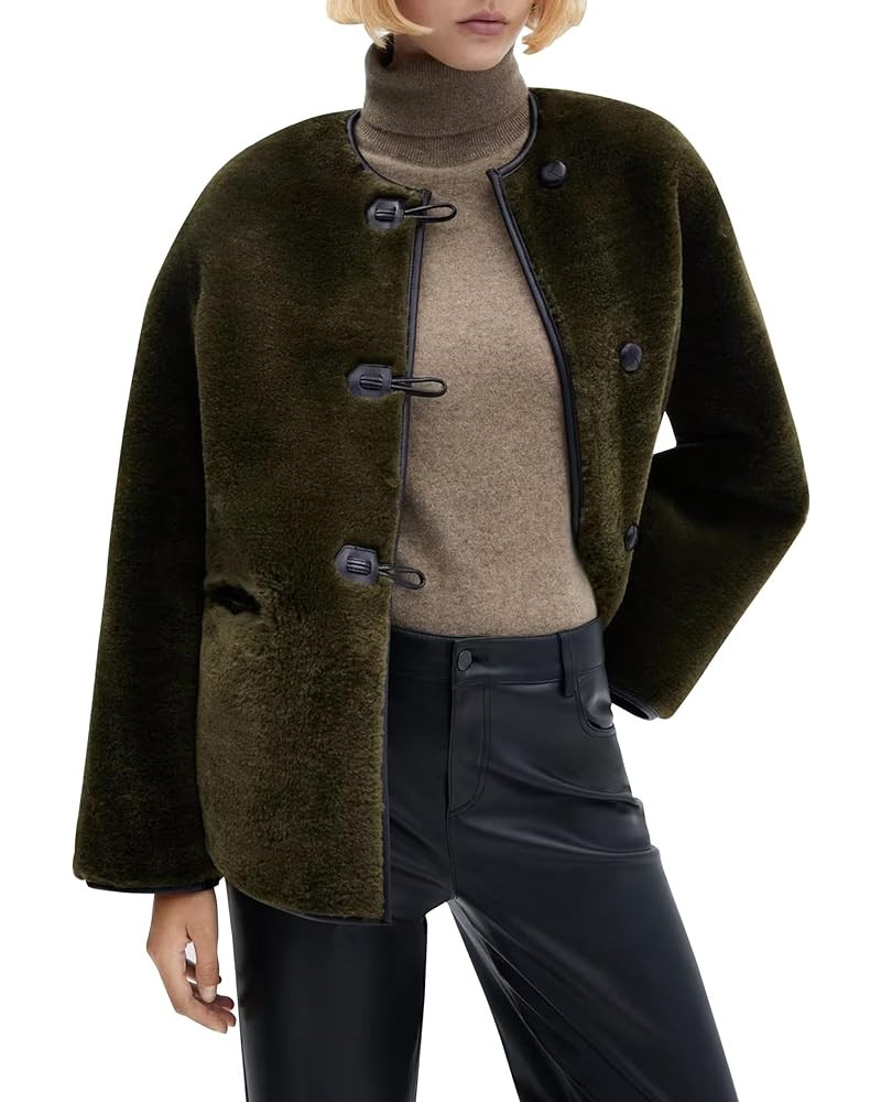 Women Faux Shearling Coat Round Neck Oversized Faux Fur Fleece Winter Jacket Faux Leather Lined Coats with Toggle Green $23.7...