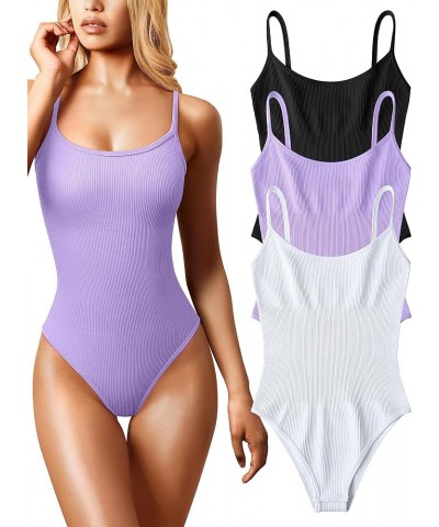 Women's 3 Piece Bodysuits Sexy Ribbed Sleeveless Adjustable Spaghetti Strip Tops Shapewear Bodysuits Black Lavender White $21...