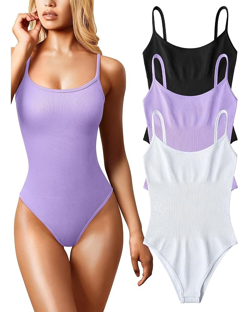 Women's 3 Piece Bodysuits Sexy Ribbed Sleeveless Adjustable Spaghetti Strip Tops Shapewear Bodysuits Black Lavender White $21...