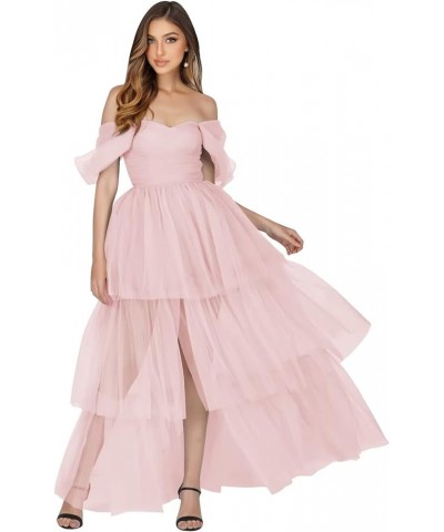 Off The Shoulder Tulle Prom Dresses Layered Ruffles Ball Gown for Women Formal Maxi Dresses with Split Pink $33.11 Dresses