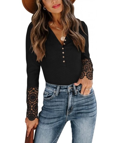 Womens Button Up Lace Long Sleeve Bodysuit Tops Casual Ribbed V Neck Henley Shirts Black $11.13 Bodysuits