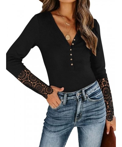 Womens Button Up Lace Long Sleeve Bodysuit Tops Casual Ribbed V Neck Henley Shirts Black $11.13 Bodysuits