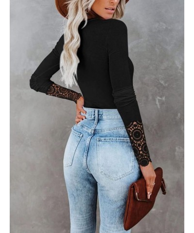 Womens Button Up Lace Long Sleeve Bodysuit Tops Casual Ribbed V Neck Henley Shirts Black $11.13 Bodysuits