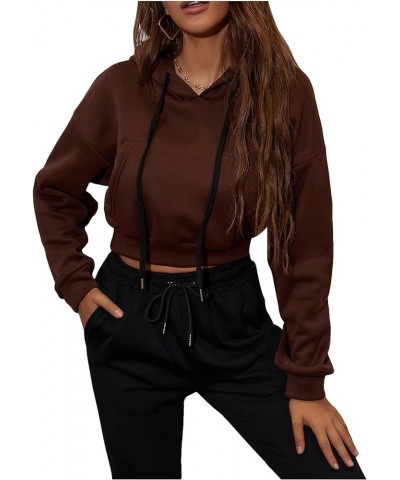 Women's Long Sleeve Hooded Crop Top Drop Shoulder Drawstring Cropped Hoodie Sweatshirt Dark Brown $11.39 Hoodies & Sweatshirts