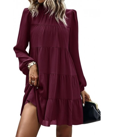 Women's Long Sleeve Ruffle Mock Neck Tiered Mini Babydoll Dress Casual Flowy Swing Tunic Shift Dresses Wine Red $28.33 Dresses