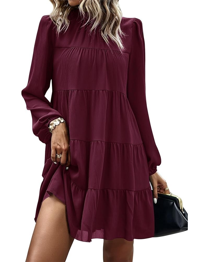 Women's Long Sleeve Ruffle Mock Neck Tiered Mini Babydoll Dress Casual Flowy Swing Tunic Shift Dresses Wine Red $28.33 Dresses