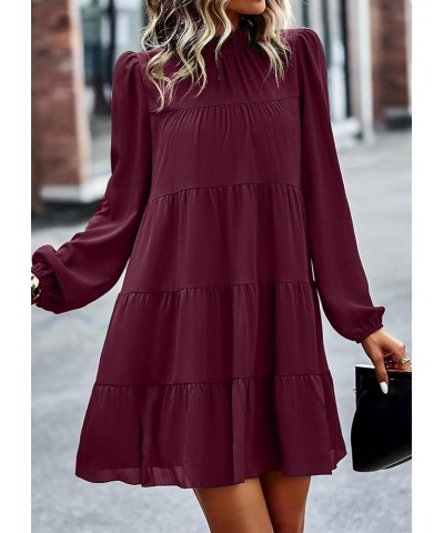 Women's Long Sleeve Ruffle Mock Neck Tiered Mini Babydoll Dress Casual Flowy Swing Tunic Shift Dresses Wine Red $28.33 Dresses