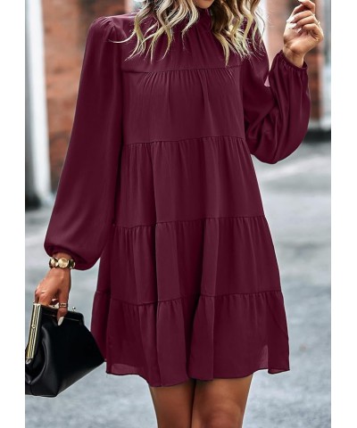 Women's Long Sleeve Ruffle Mock Neck Tiered Mini Babydoll Dress Casual Flowy Swing Tunic Shift Dresses Wine Red $28.33 Dresses