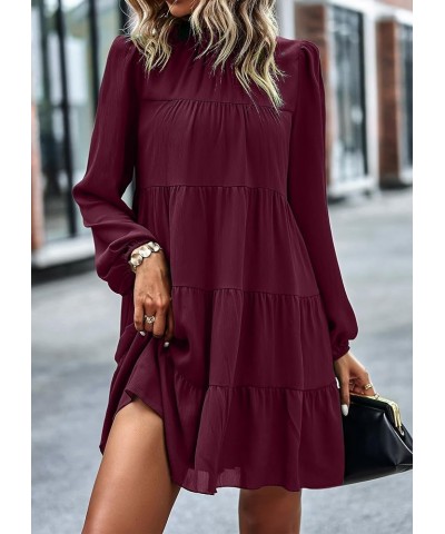 Women's Long Sleeve Ruffle Mock Neck Tiered Mini Babydoll Dress Casual Flowy Swing Tunic Shift Dresses Wine Red $28.33 Dresses