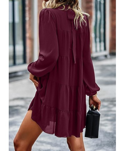 Women's Long Sleeve Ruffle Mock Neck Tiered Mini Babydoll Dress Casual Flowy Swing Tunic Shift Dresses Wine Red $28.33 Dresses