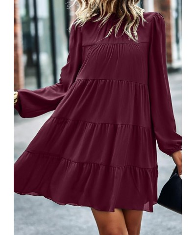 Women's Long Sleeve Ruffle Mock Neck Tiered Mini Babydoll Dress Casual Flowy Swing Tunic Shift Dresses Wine Red $28.33 Dresses