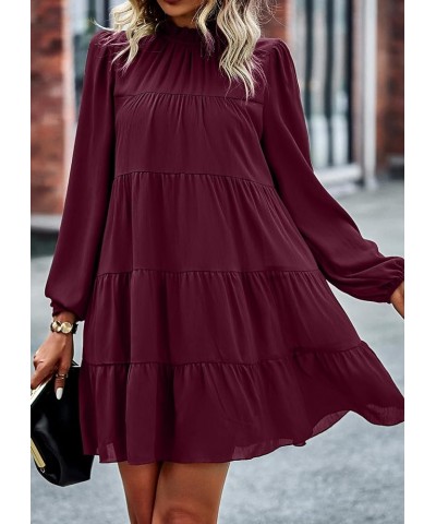 Women's Long Sleeve Ruffle Mock Neck Tiered Mini Babydoll Dress Casual Flowy Swing Tunic Shift Dresses Wine Red $28.33 Dresses