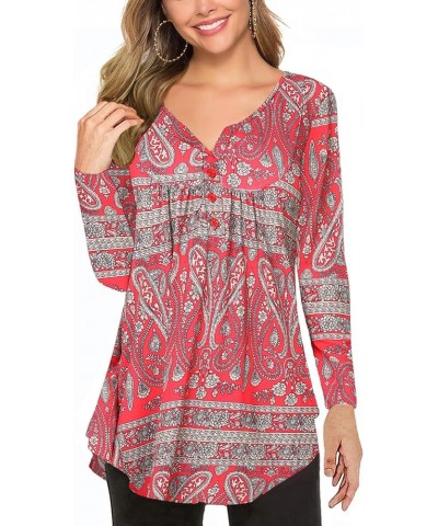 Women's Floral Printed Long Sleeve Henley Shirts V Neck Pleated Casual Flare Tunic Blouse Tops Red $15.50 Tops