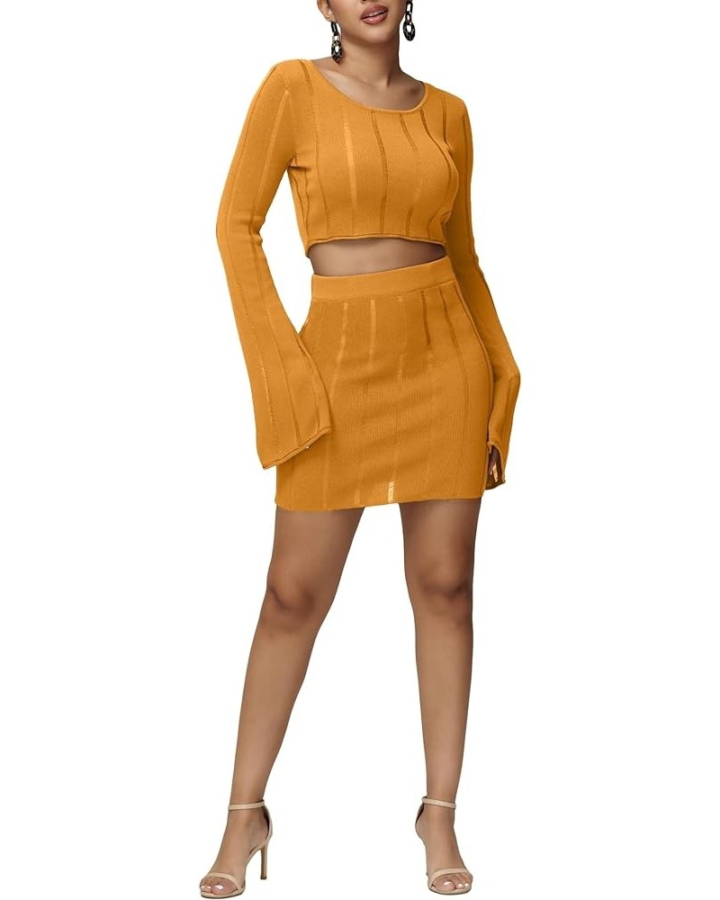 Sexy Bodycon 2 Piece Outfits for Women Night Out Dresses with Knit Long Bell Sleeve Casual Outfits Dress Orange $11.59 Suits