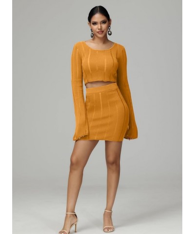 Sexy Bodycon 2 Piece Outfits for Women Night Out Dresses with Knit Long Bell Sleeve Casual Outfits Dress Orange $11.59 Suits