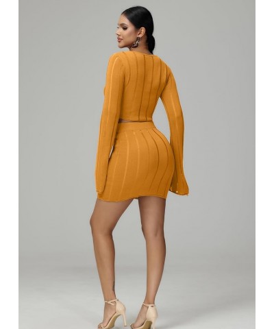 Sexy Bodycon 2 Piece Outfits for Women Night Out Dresses with Knit Long Bell Sleeve Casual Outfits Dress Orange $11.59 Suits