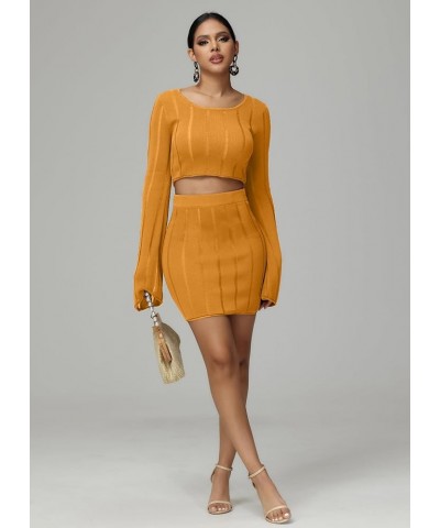 Sexy Bodycon 2 Piece Outfits for Women Night Out Dresses with Knit Long Bell Sleeve Casual Outfits Dress Orange $11.59 Suits