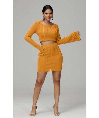 Sexy Bodycon 2 Piece Outfits for Women Night Out Dresses with Knit Long Bell Sleeve Casual Outfits Dress Orange $11.59 Suits