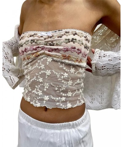 Women Y2k Strapless Tube Tops Floral Lace Sheer Mesh Crop Top Sexy Fairy Camisole Bustier Bandeau Streetwear 04 White $5.79 T...