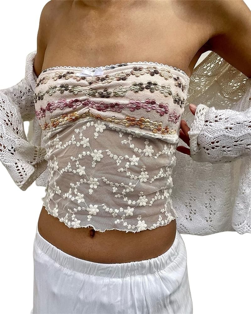 Women Y2k Strapless Tube Tops Floral Lace Sheer Mesh Crop Top Sexy Fairy Camisole Bustier Bandeau Streetwear 04 White $5.79 T...