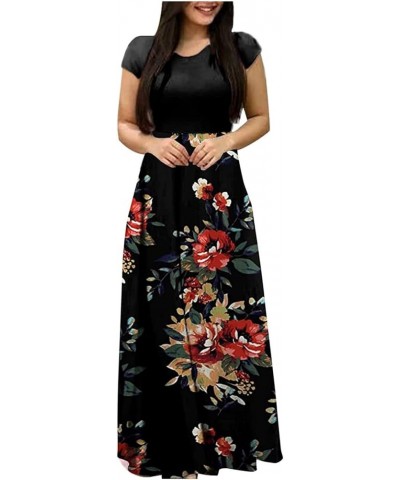 Women's Summer Maxi Dress 2024 Casual Boho Floral Printed Crew Neck Short Sleeve Beach Long Dresses Loose Flowy Sundress Blac...