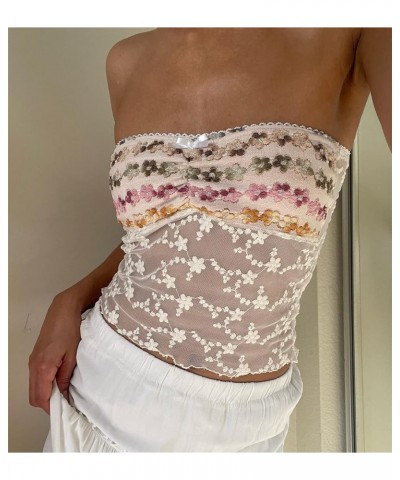 Women Y2k Strapless Tube Tops Floral Lace Sheer Mesh Crop Top Sexy Fairy Camisole Bustier Bandeau Streetwear 04 White $5.79 T...