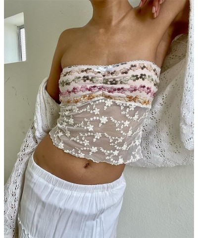 Women Y2k Strapless Tube Tops Floral Lace Sheer Mesh Crop Top Sexy Fairy Camisole Bustier Bandeau Streetwear 04 White $5.79 T...