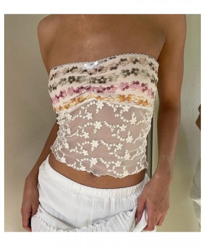 Women Y2k Strapless Tube Tops Floral Lace Sheer Mesh Crop Top Sexy Fairy Camisole Bustier Bandeau Streetwear 04 White $5.79 T...