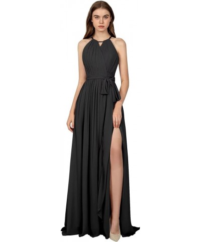 Halter Neck Bridesmaid Dresses with Pockets Side Slit Pleated Sash Sleeveless Chiffon Formal Evening Dress Black $34.19 Dresses