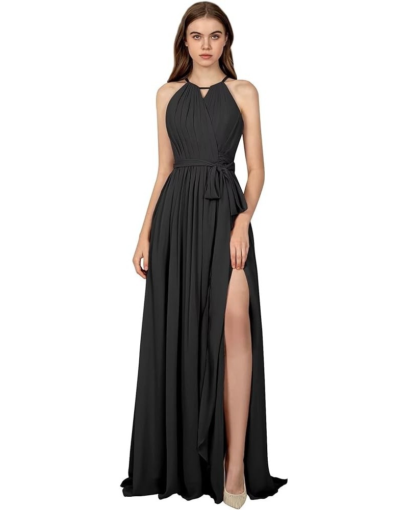 Halter Neck Bridesmaid Dresses with Pockets Side Slit Pleated Sash Sleeveless Chiffon Formal Evening Dress Black $34.19 Dresses