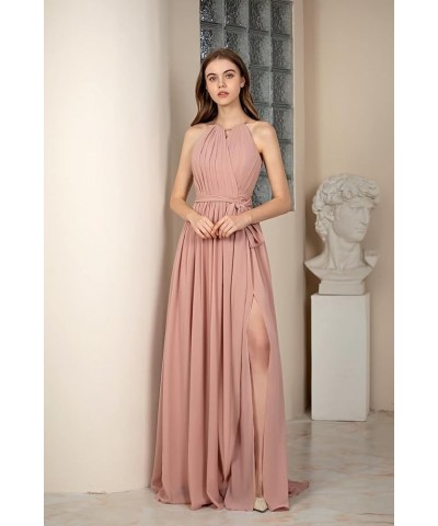 Halter Neck Bridesmaid Dresses with Pockets Side Slit Pleated Sash Sleeveless Chiffon Formal Evening Dress Black $34.19 Dresses