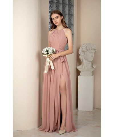 Halter Neck Bridesmaid Dresses with Pockets Side Slit Pleated Sash Sleeveless Chiffon Formal Evening Dress Black $34.19 Dresses